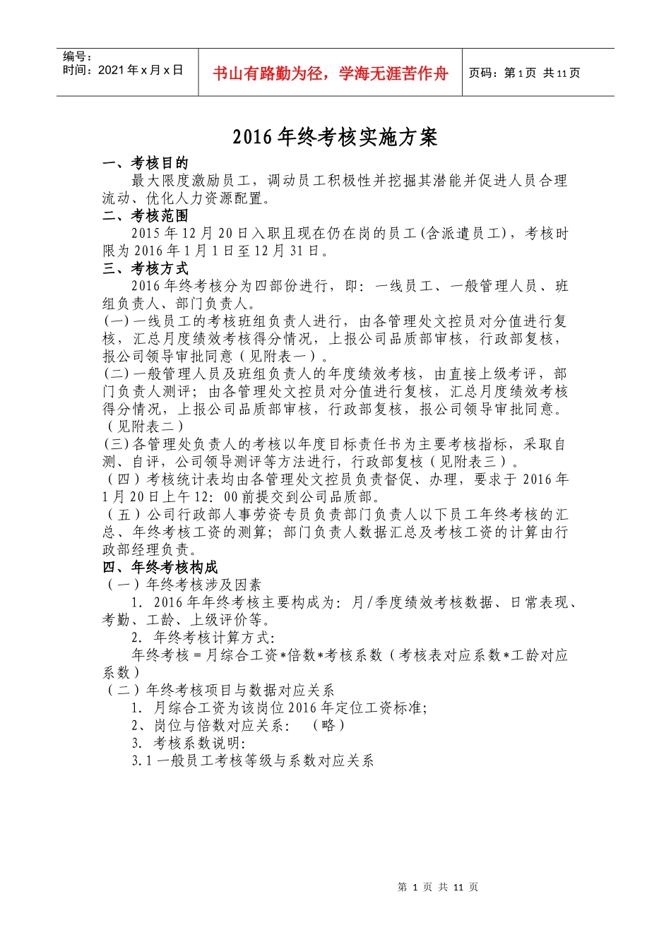 人力资源-20222016年终考核方案（附年终考核表）_第1页