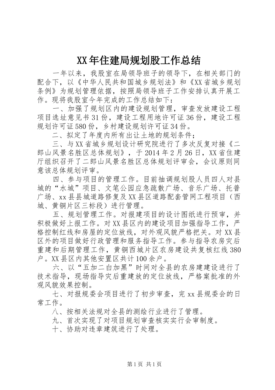 XX年住建局规划股工作总结_第1页
