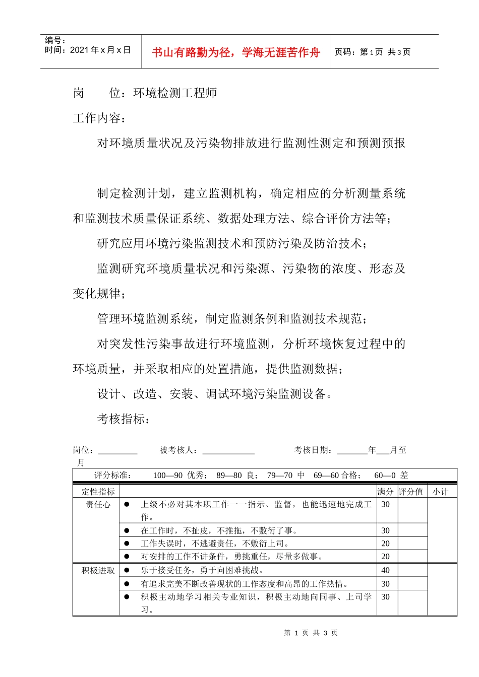 岗位工作内容和年度定性考核指标-环境检测工程师_第1页