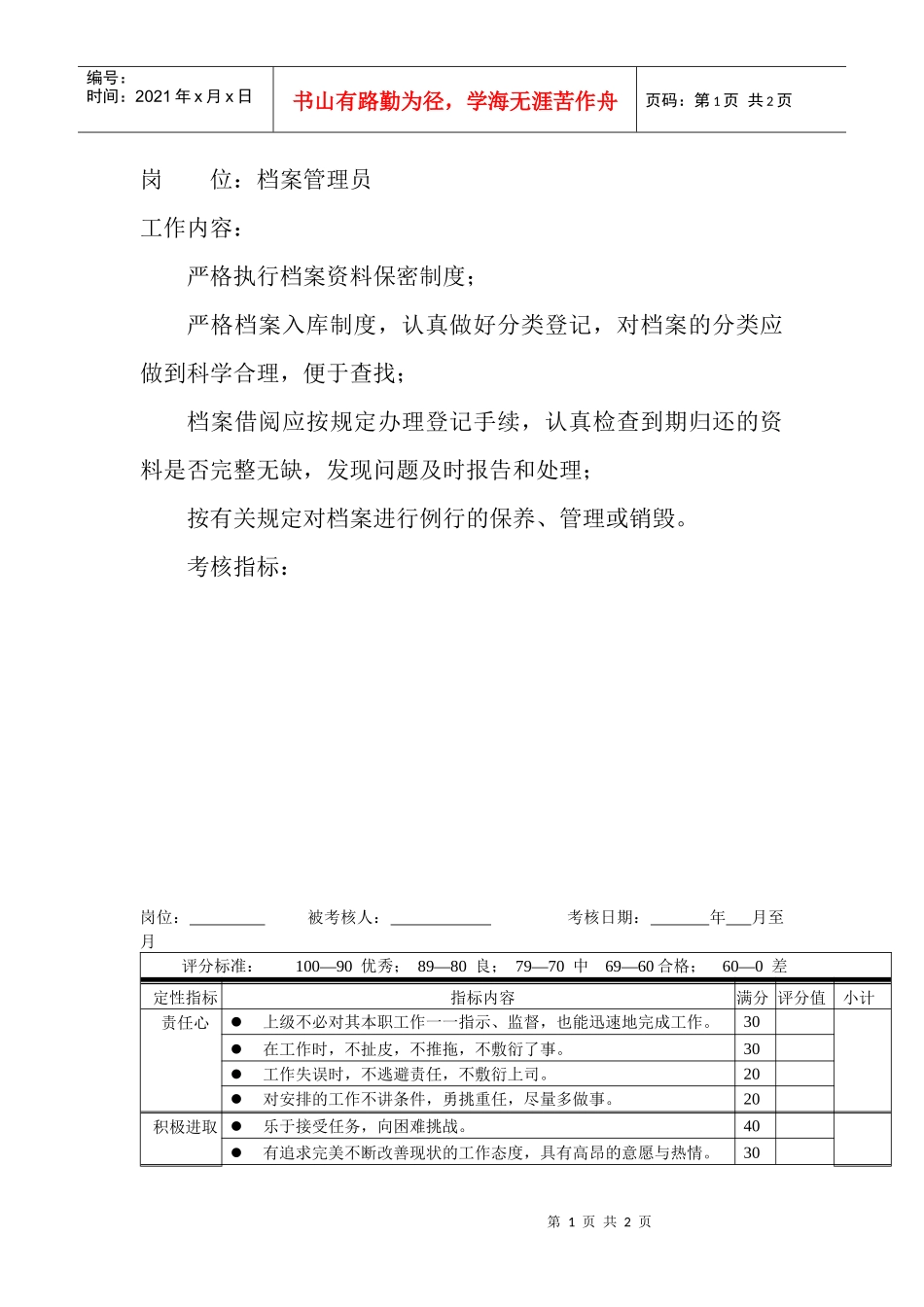 岗位工作内容和年度定性考核指标-档案管理员_第1页