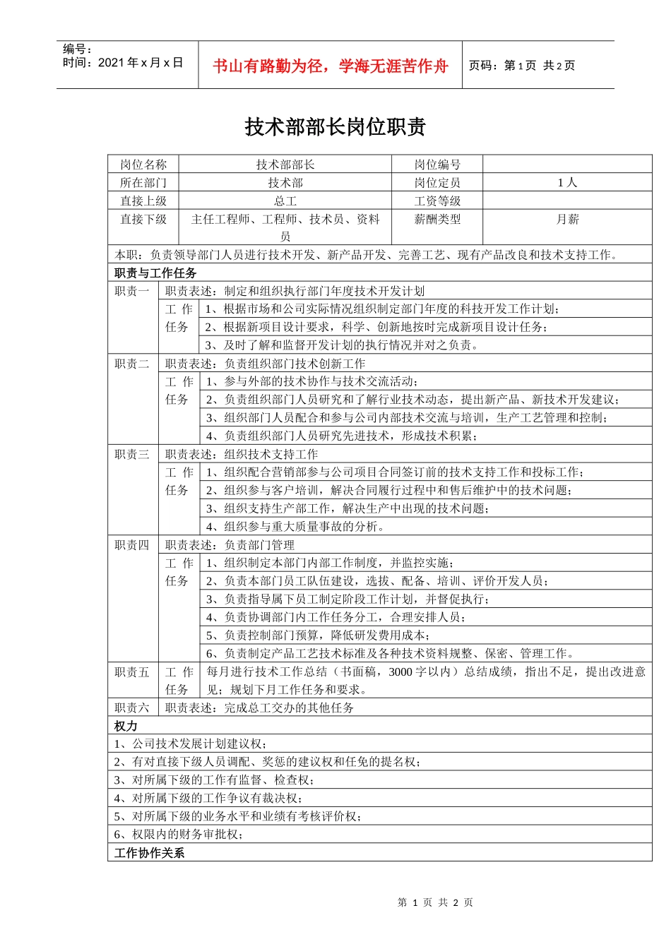 中小企业技术部部长岗位职责_第1页