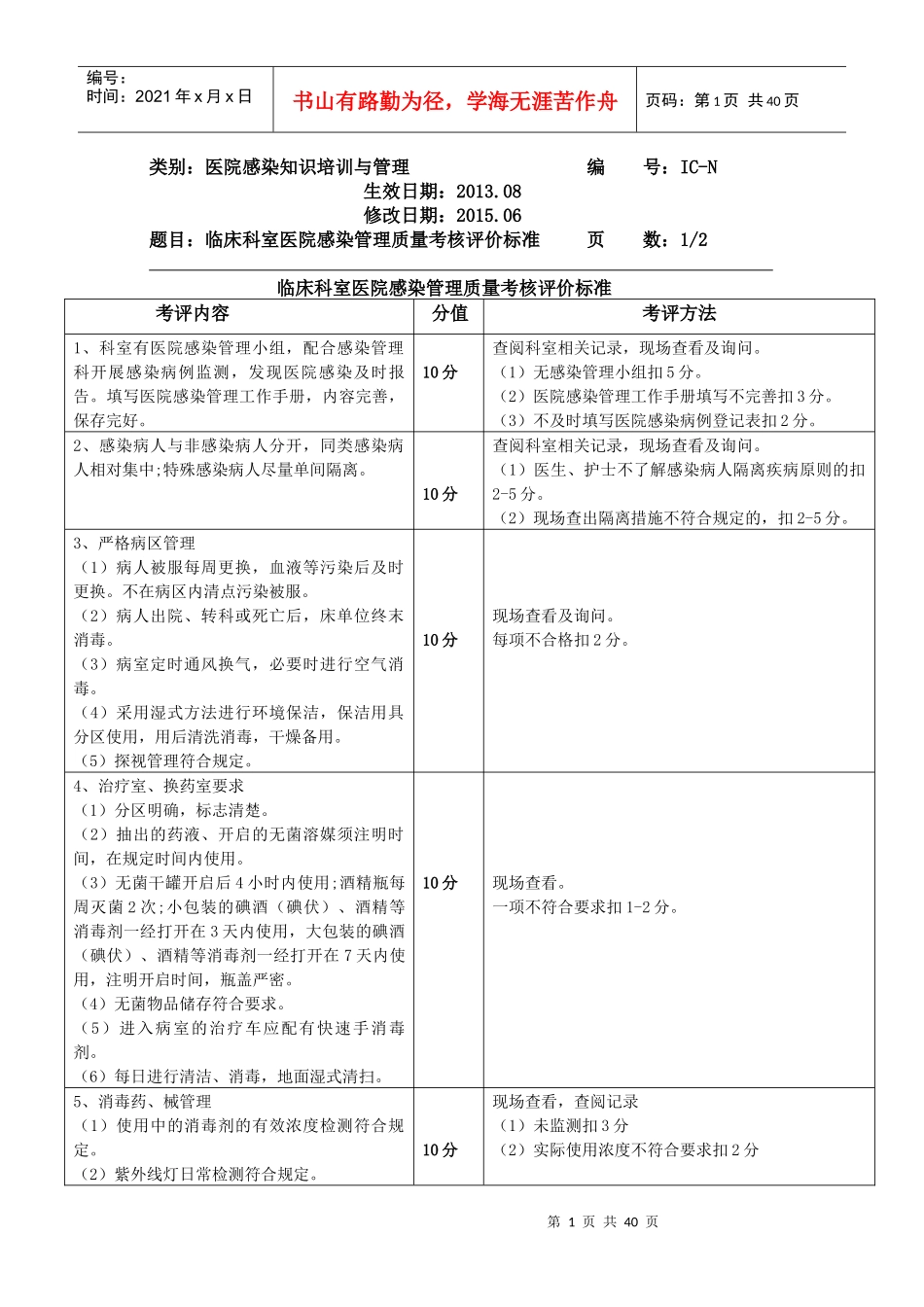 人力资源-2022XXXX年感染管理科考评标准_第1页