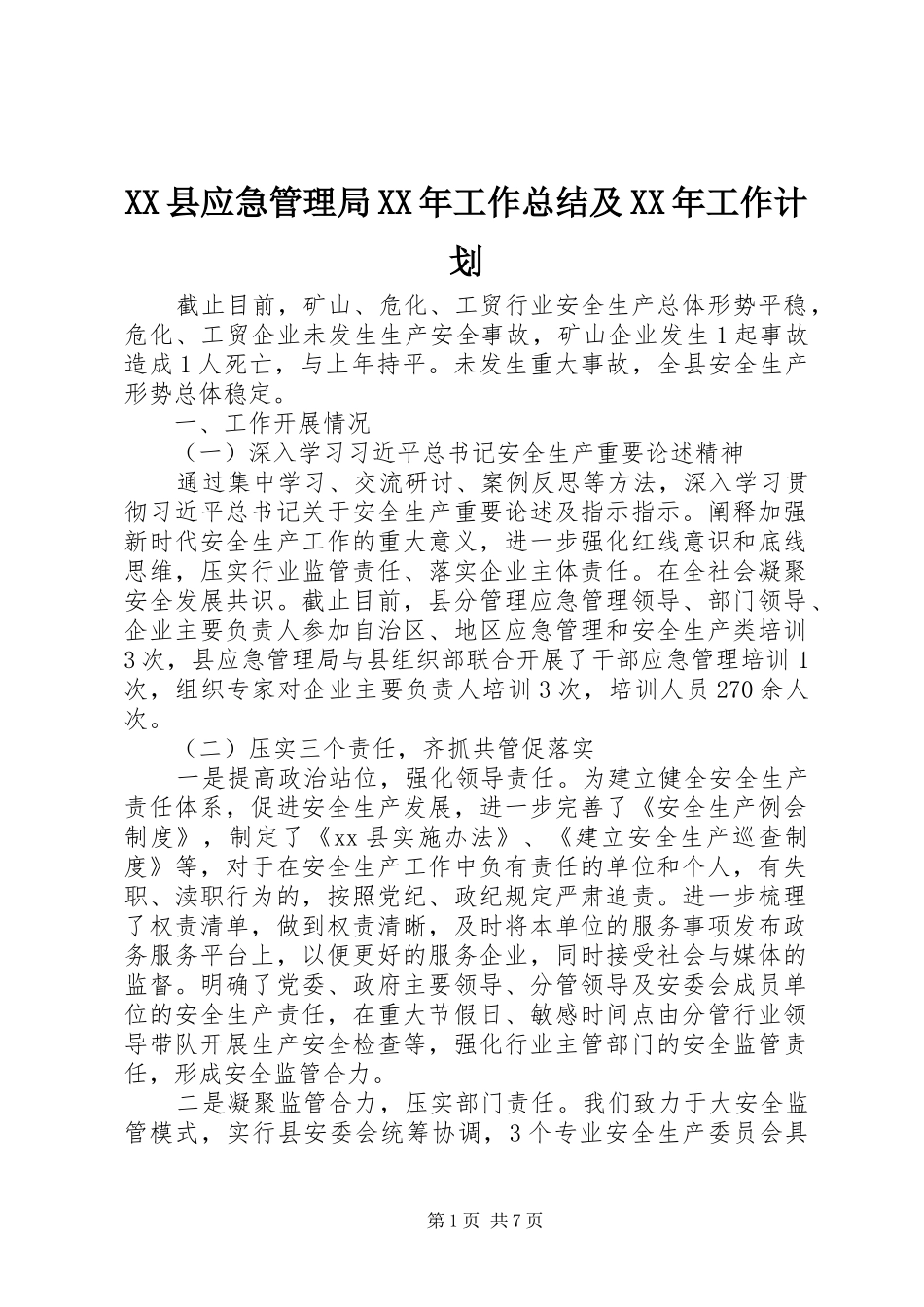 XX县应急管理局XX年工作总结及XX年工作计划_第1页