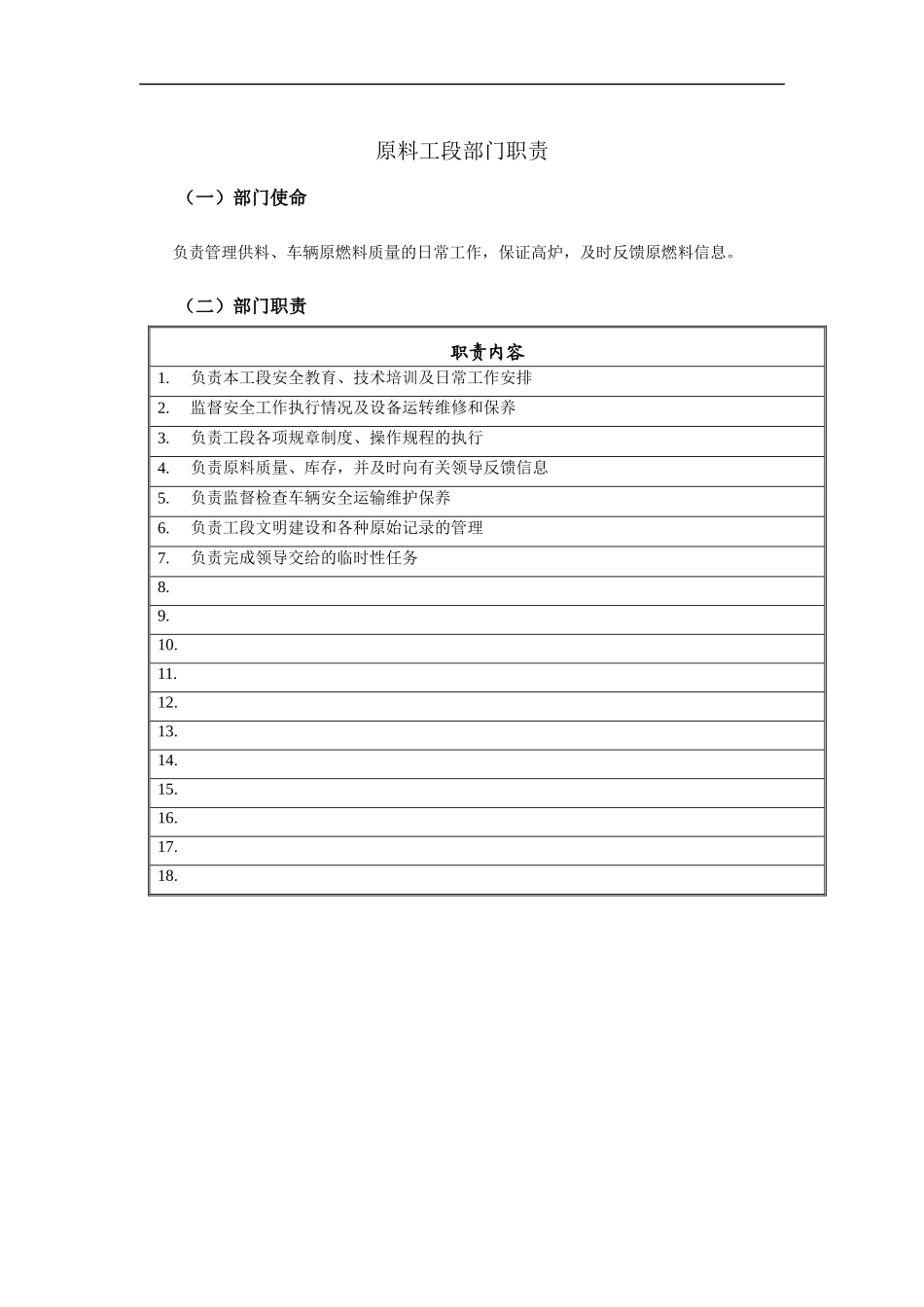 原料工段部门职责说明书_第1页