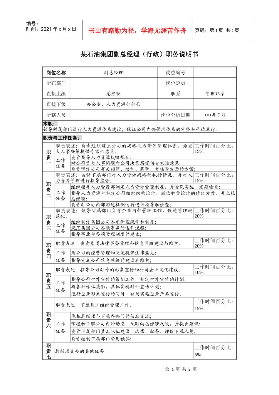 副总经理（行政）职务说明书_第1页