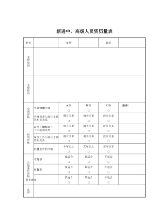公司考核表格-新进中、高级人员资历量表