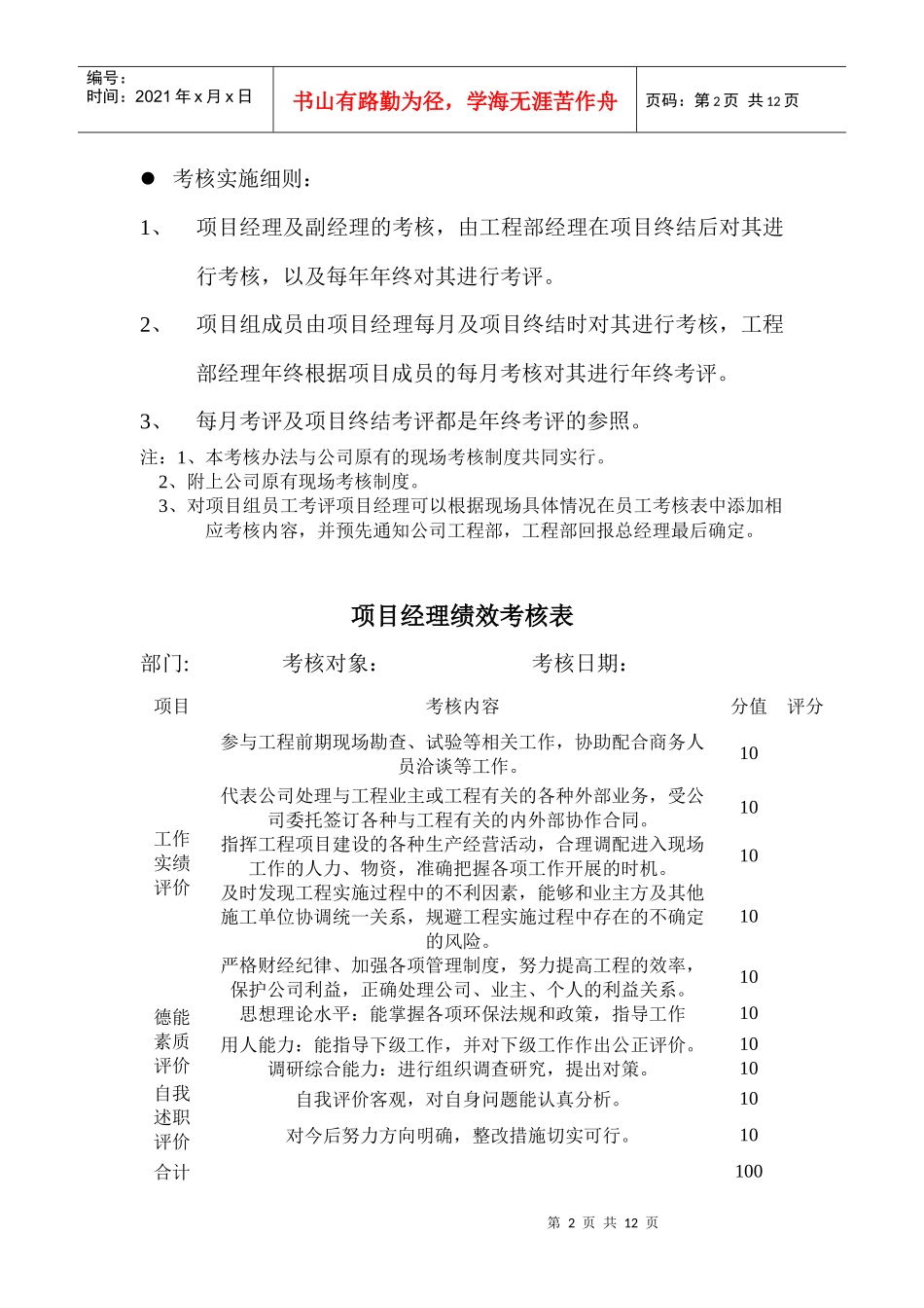 工程部绩效考核办法与绩效考核表_第2页