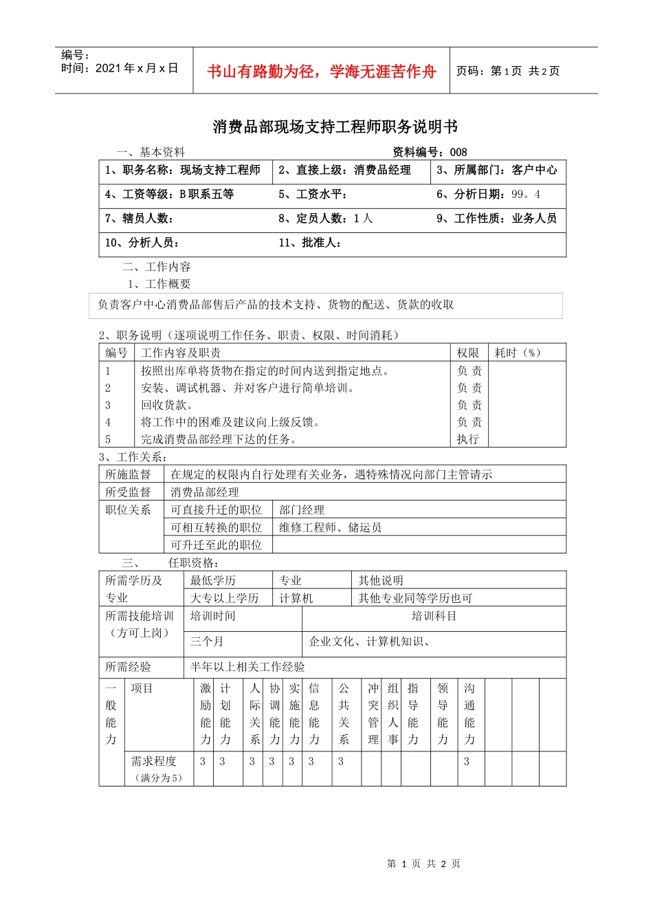 【职位描述】消费品部现场支持工程师职务说明书_第1页