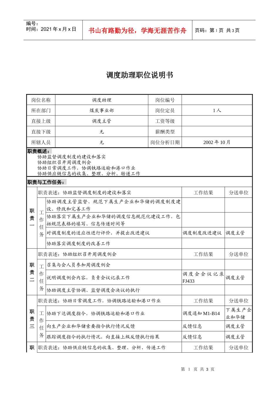 xx煤焦化工公司集团公司事业部调度助理的职责_第1页