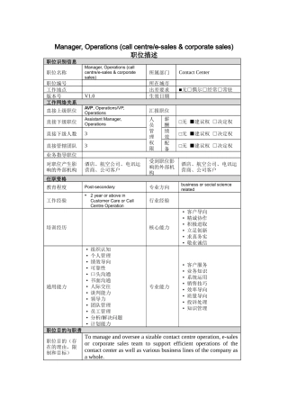 人力资源-2022Manager,Operations(callcentree-sales&corporatesales)岗位说明书