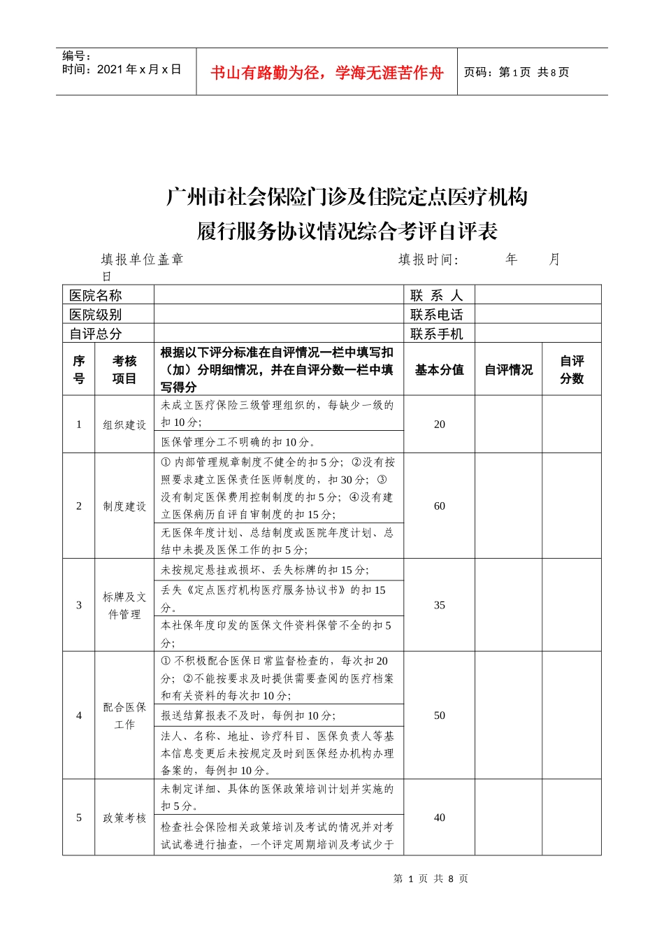 人力资源-2022XXXX定点医疗机构综合考评自评表_第1页