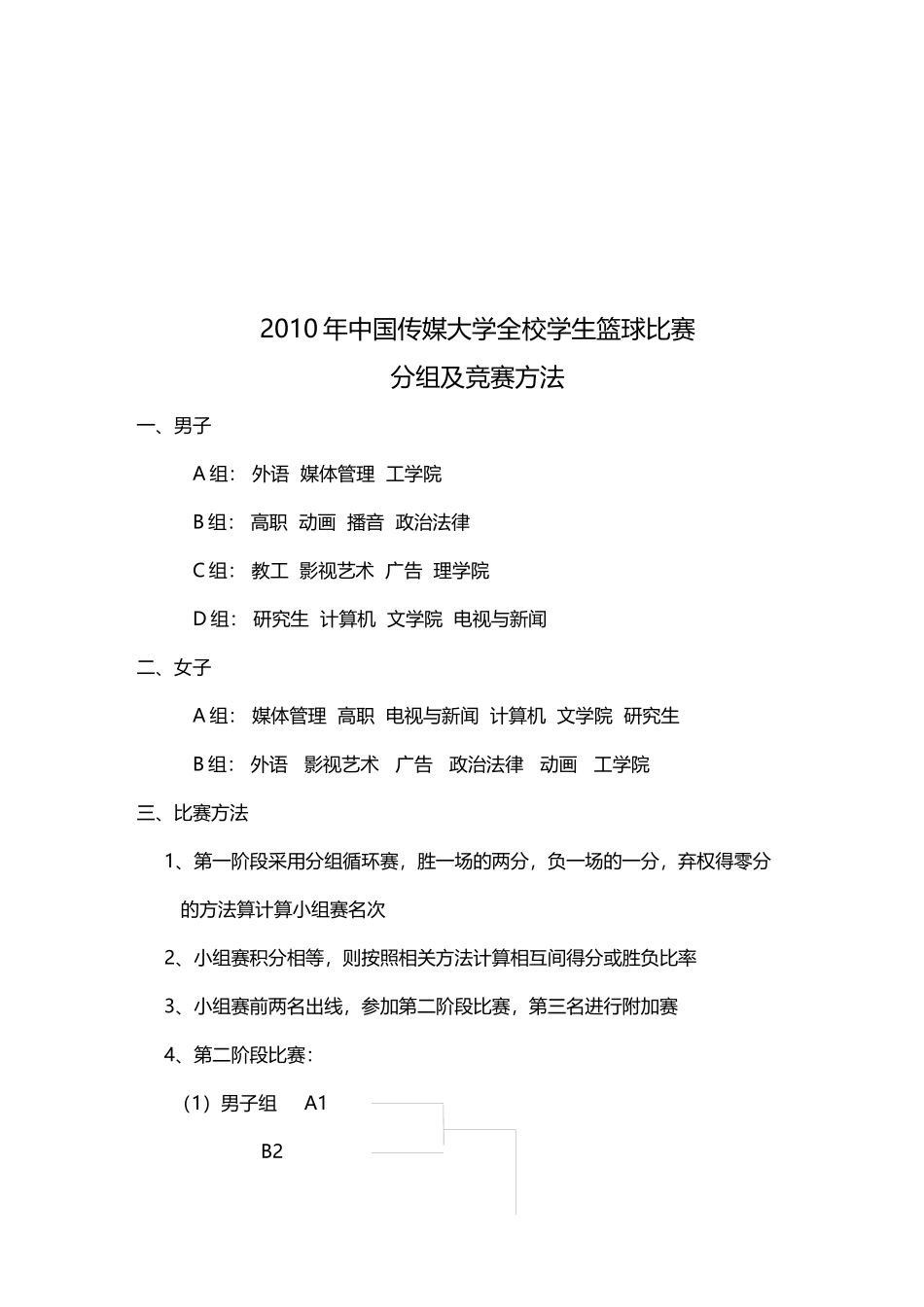 某年中国传媒大学全校学生篮球比赛分组及竞赛方法_第1页