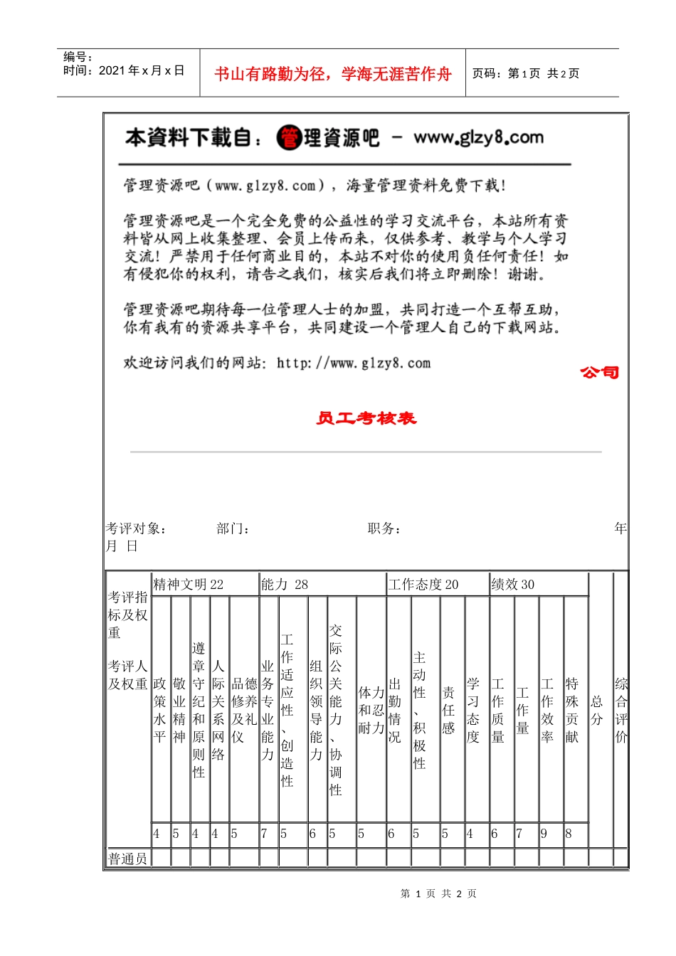 司员工考核表_第1页