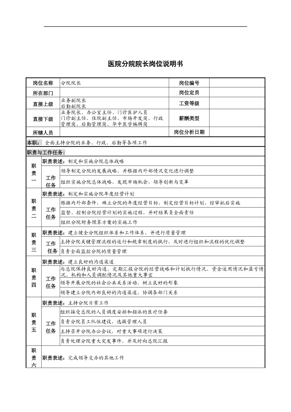 医院分院院长岗位说明书_第1页