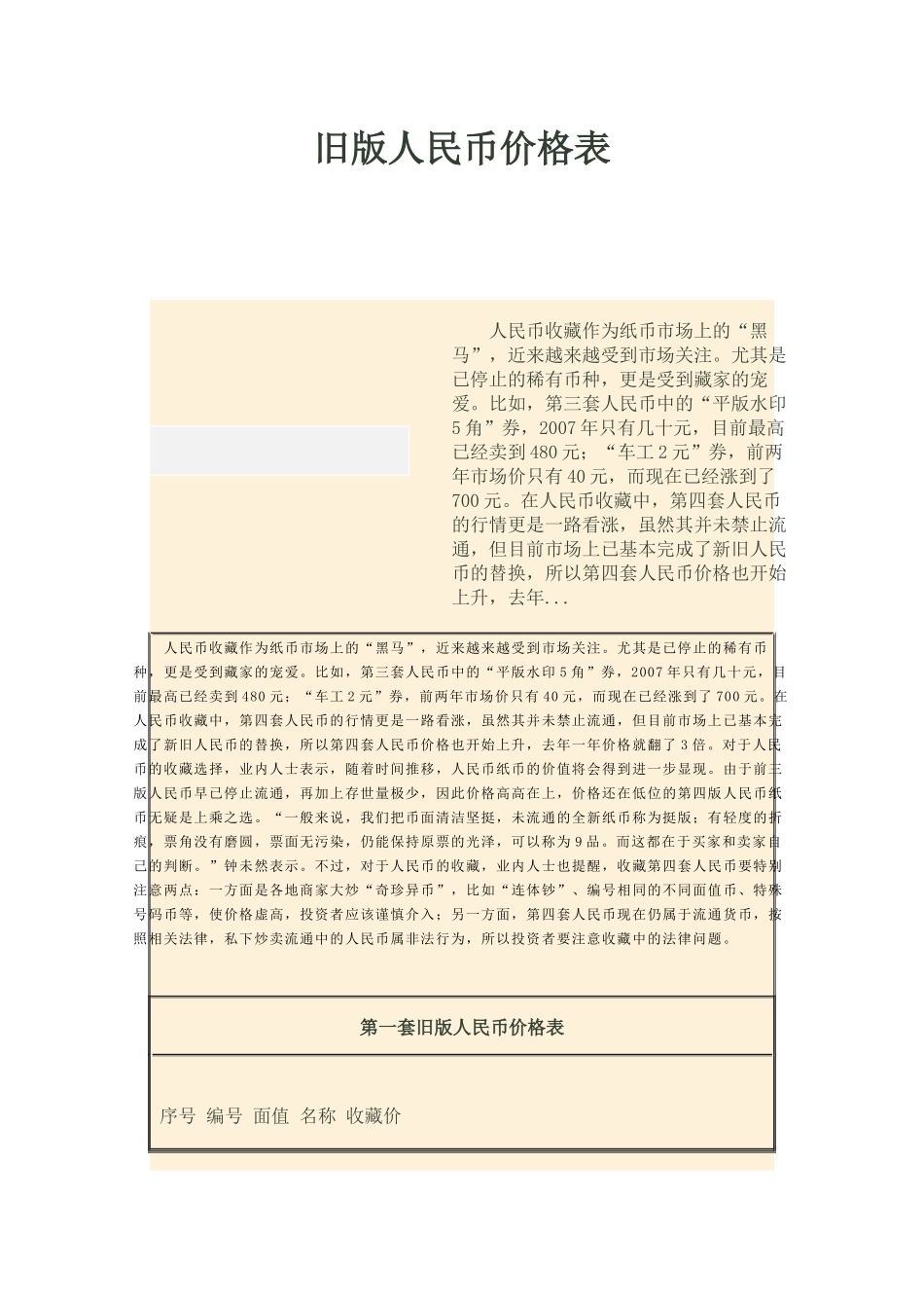 旧版人民币价格表_第1页
