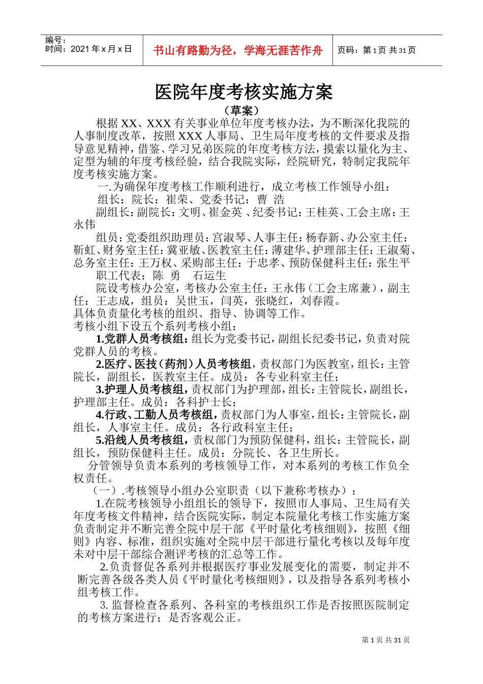 医院年度考核实施方案(DOC58页)_第1页