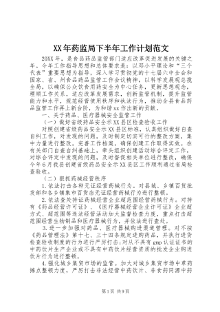 XX年药监局下半年工作计划范文