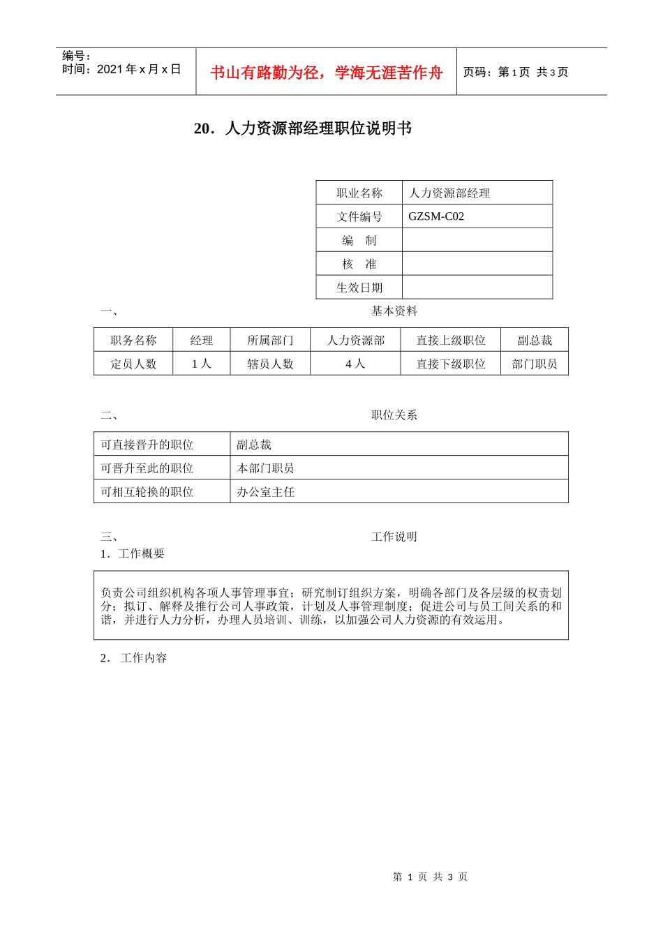 人力资源部经理职位说明书_第1页