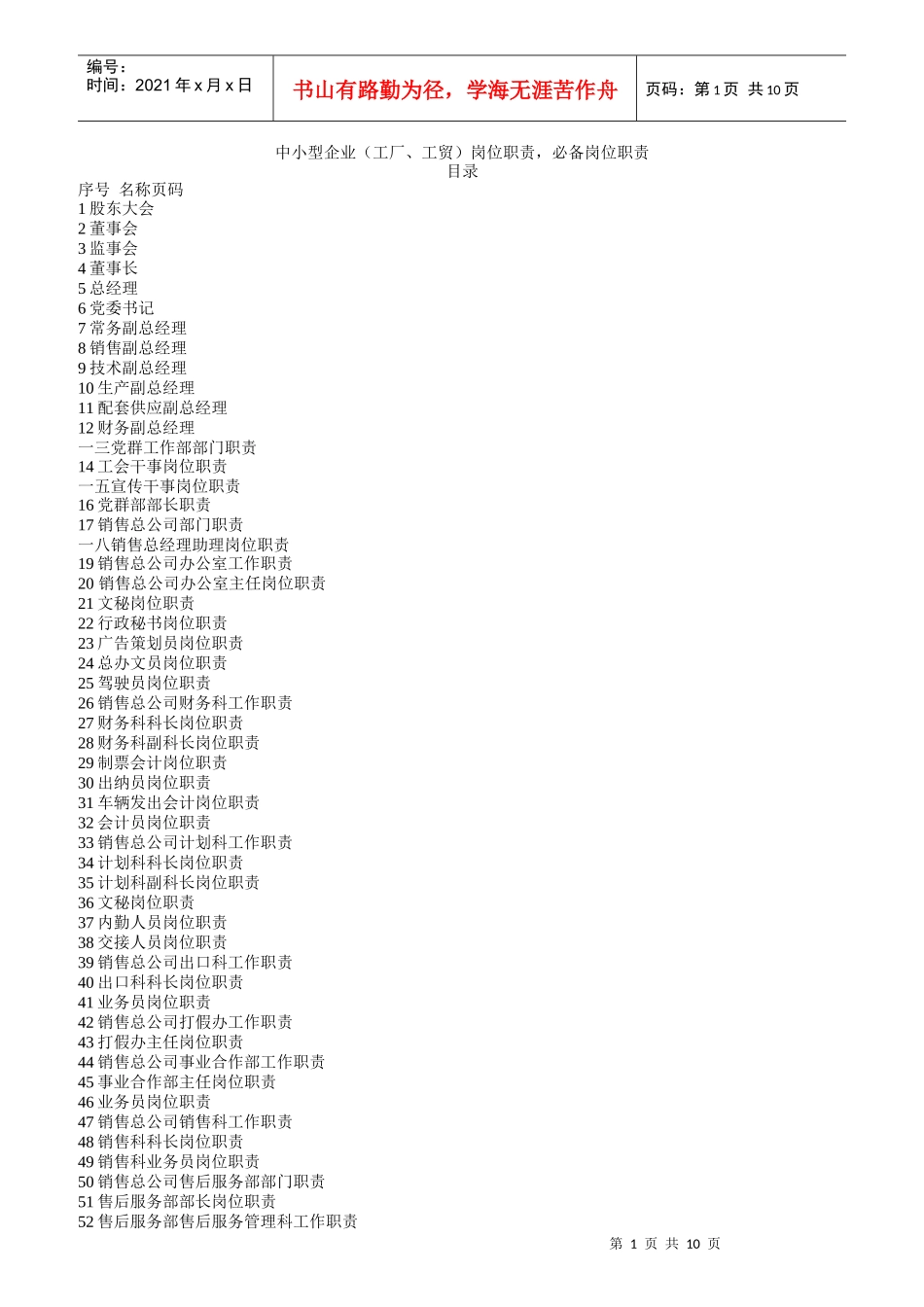 中小型企业工厂工贸岗位职责说明书_第1页