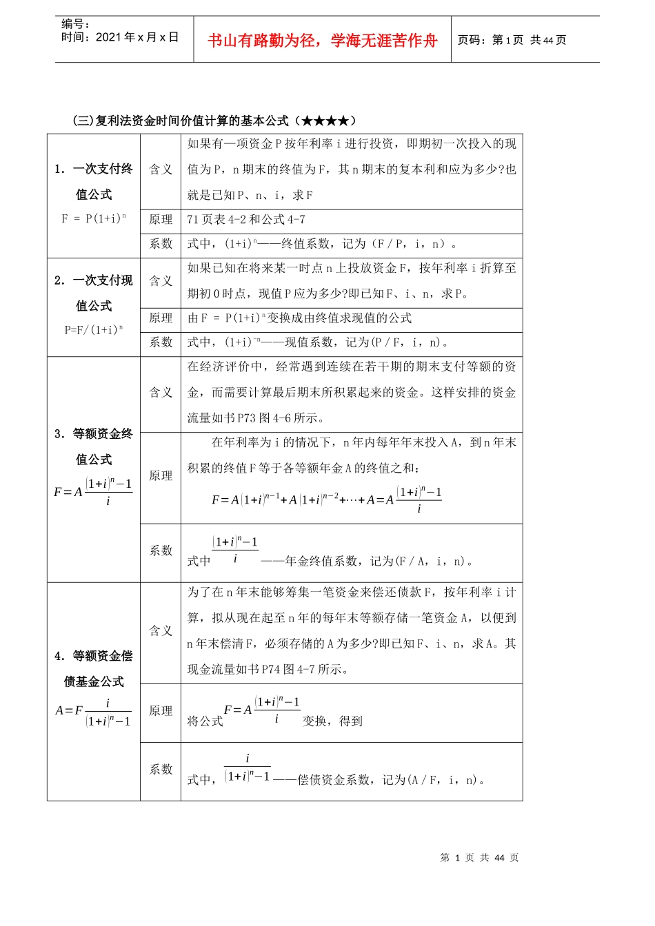 资金时间价值的基本公式_第1页
