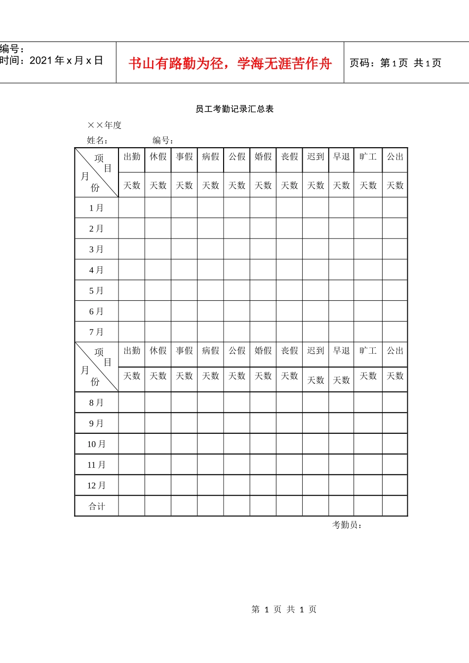 人力资源-202239员工考勤记录汇总表_第1页