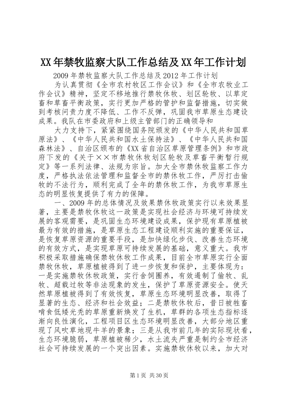 XX年禁牧监察大队工作总结及XX年工作计划_第1页