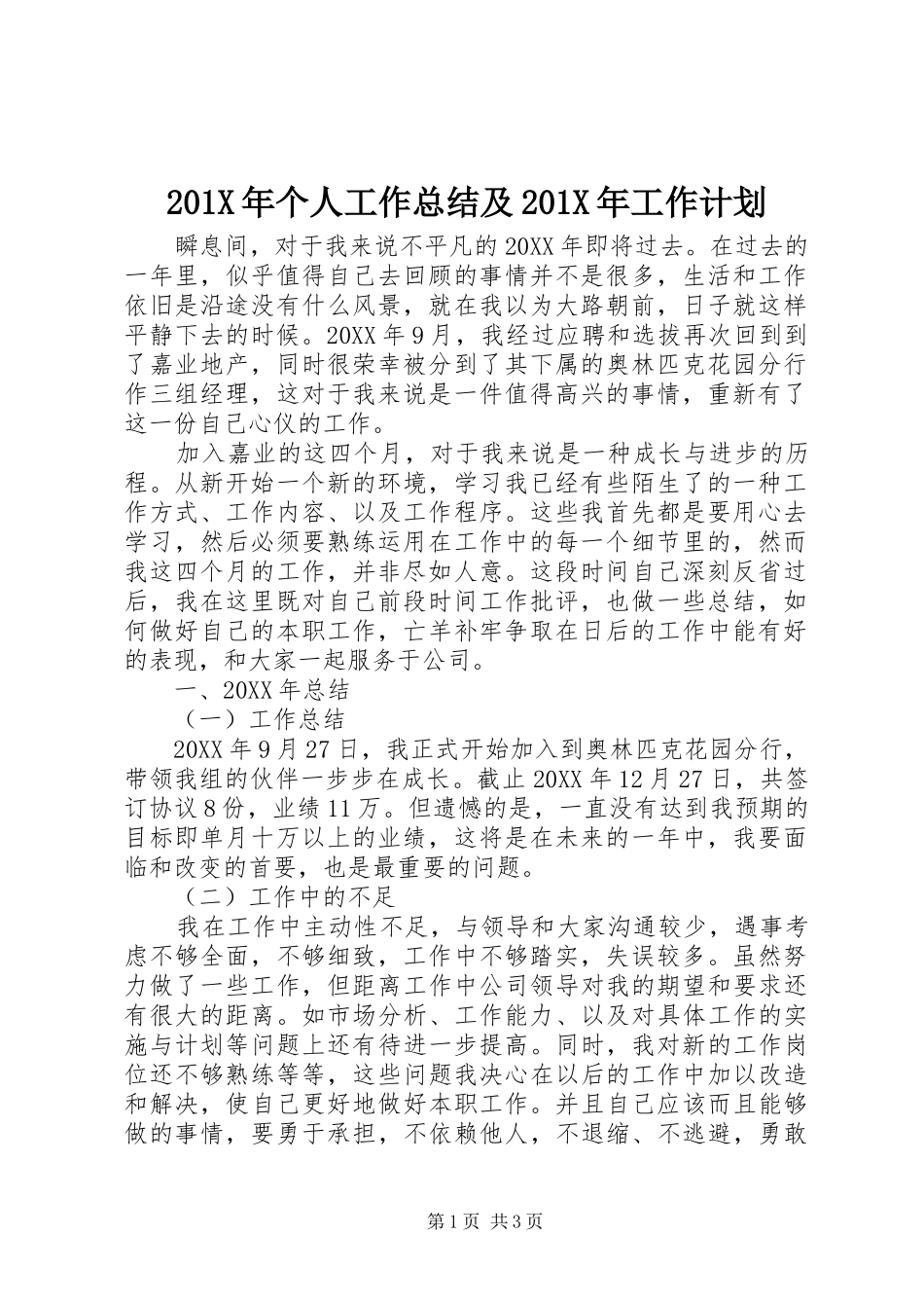 201X年个人工作总结及201X年工作计划_第1页