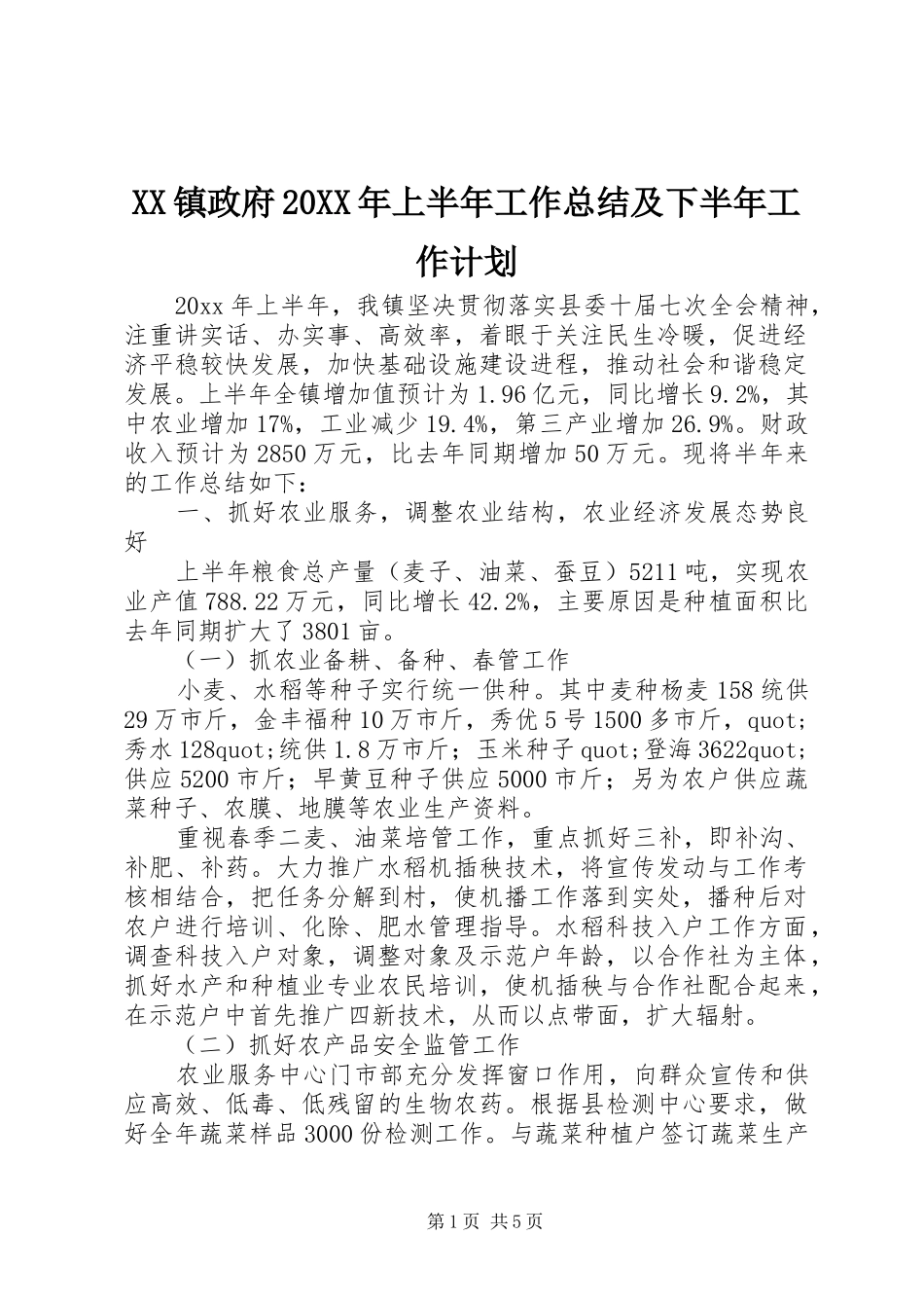 XX镇政府20XX年上半年工作总结及下半年工作计划_第1页
