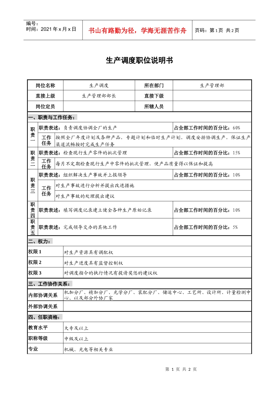 仪器生产企业他也生产调度职位说明书_第1页