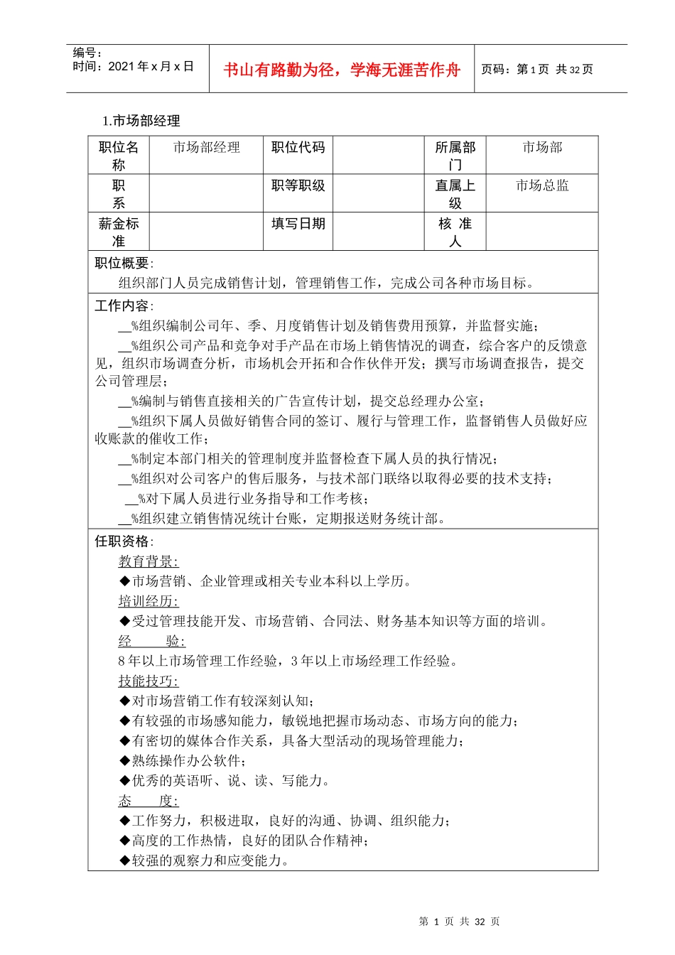企业市场营销部门职位说明书大全1_第1页
