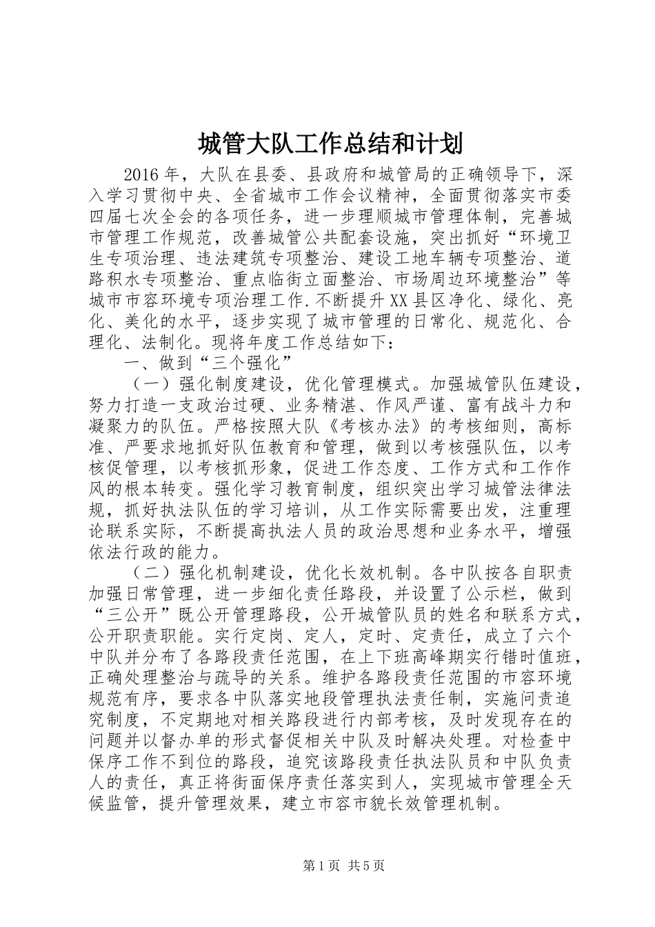 城管大队工作总结和计划_第1页