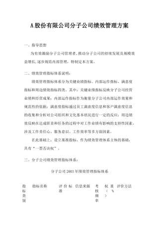 人力资源-2022A股份公司分子公司绩效管理方案