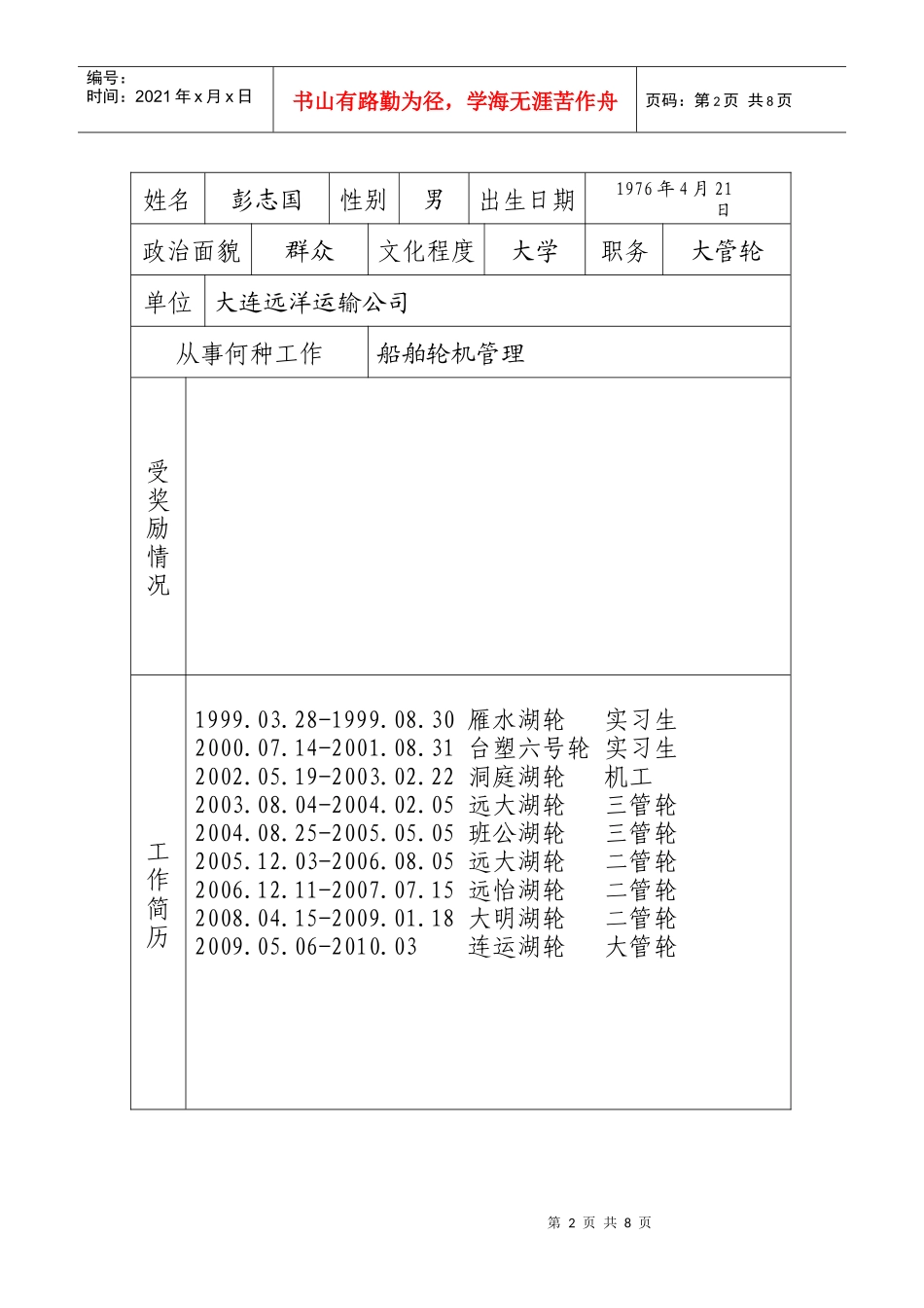中远集团青年岗位能手申报表（彭志国）doc-中远集团青年_第2页