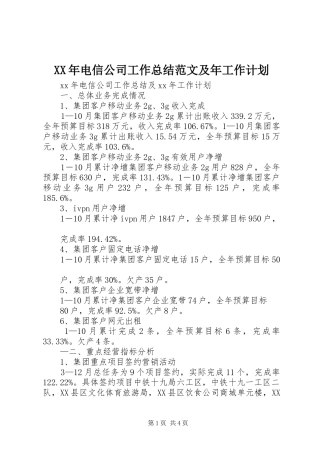 XX年电信公司工作总结范文及年工作计划