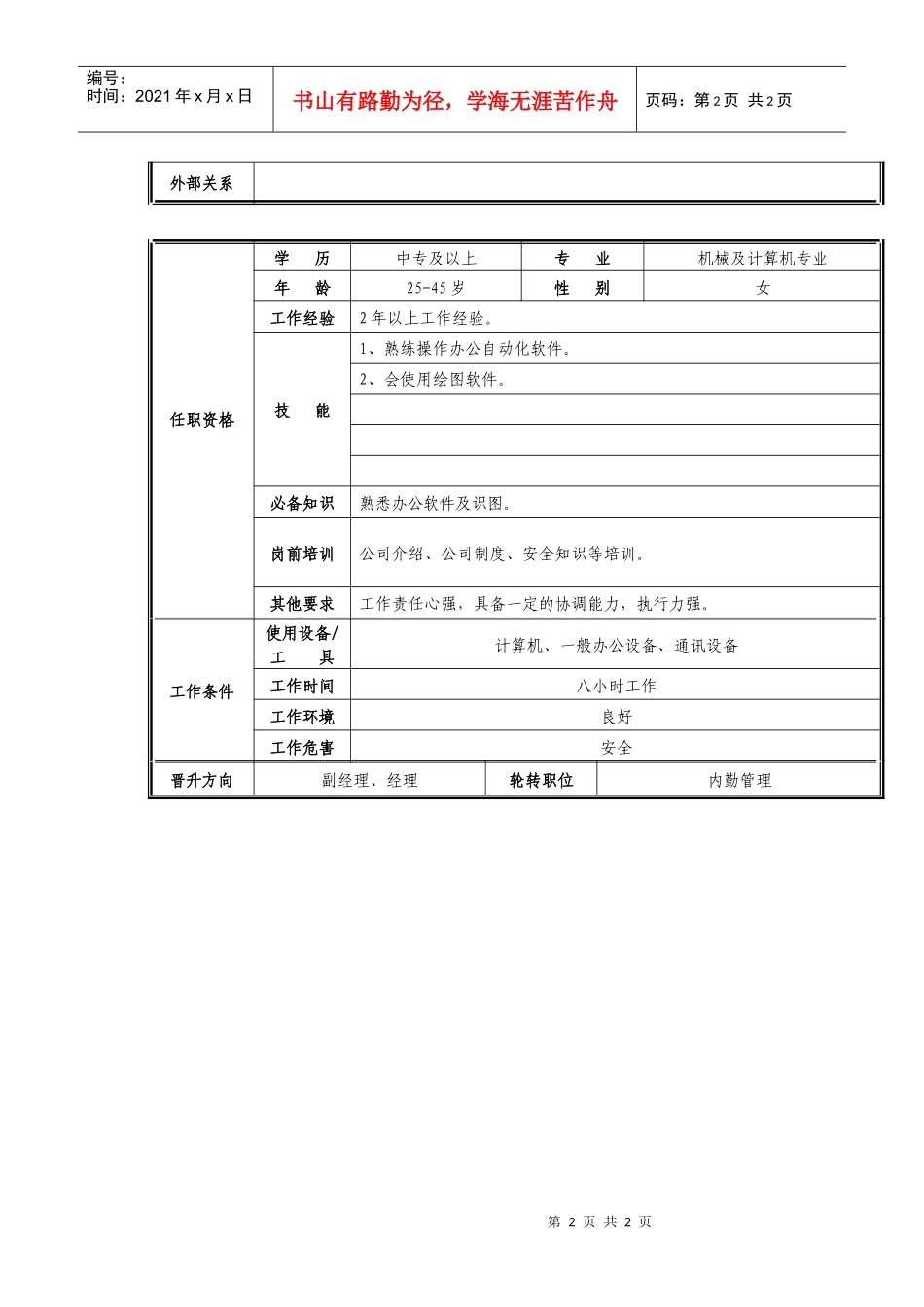 准备部内勤管理员职位说明书_第2页