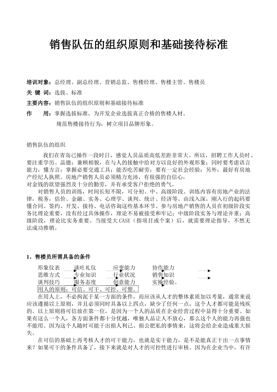 房产销售队伍的组织原则及基础接待标准_第1页