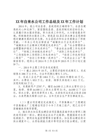 XX年自来水公司工作总结及XX年工作计划