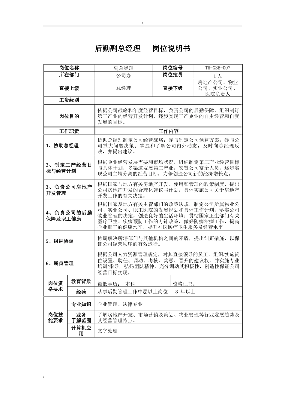 后勤副总经理岗位说明书_第1页