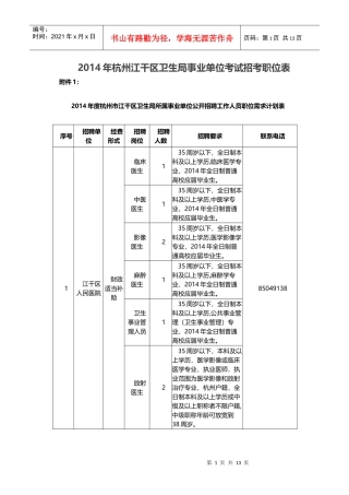 X年杭州江干区卫生局事业单位考试招考职位表