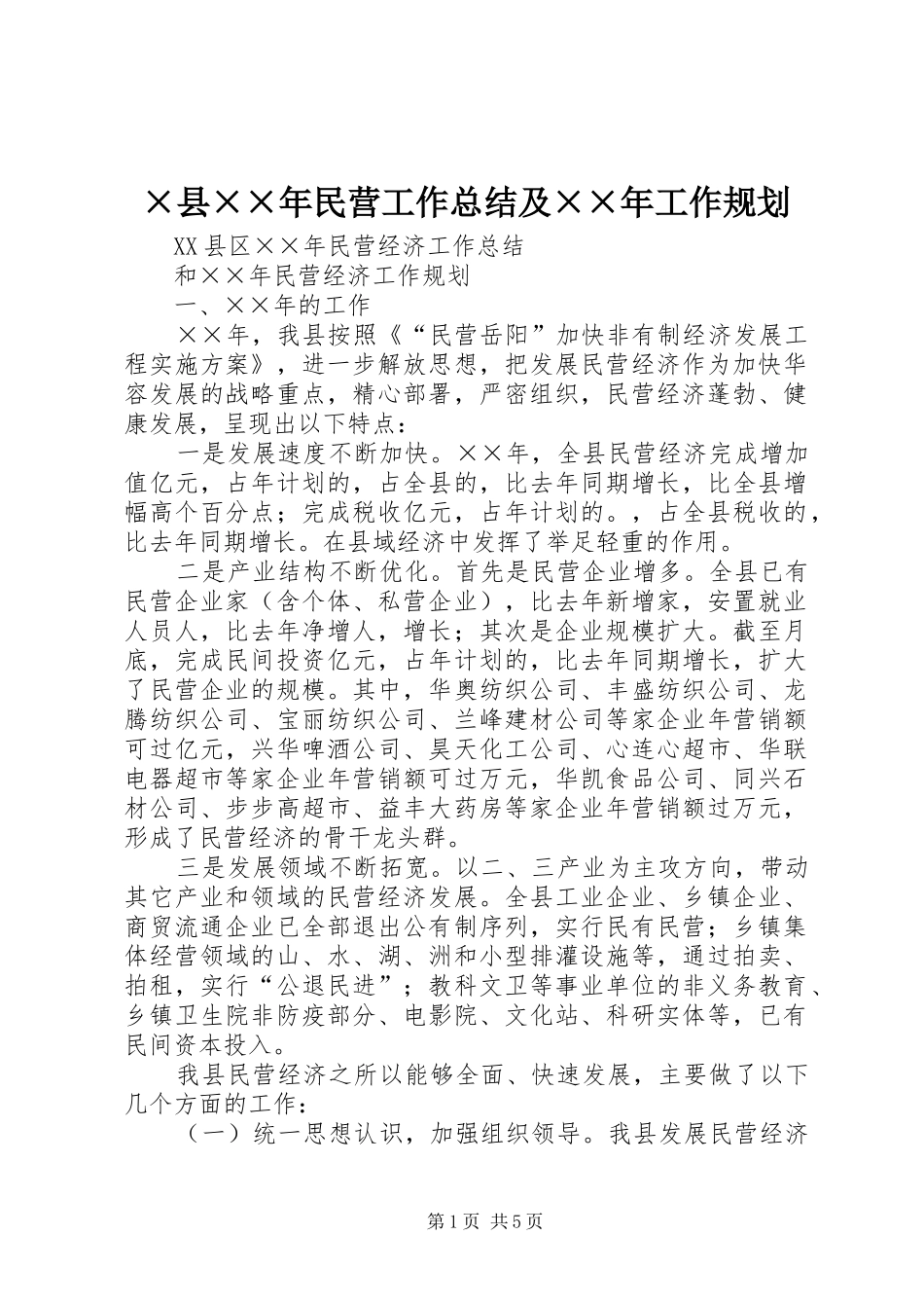 ×县××年民营工作总结及××年工作规划_第1页