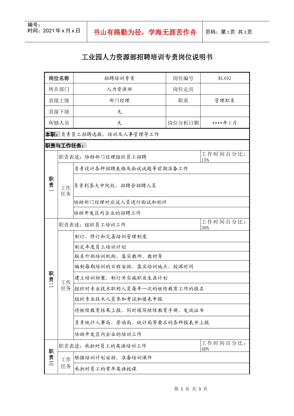 人力资源部招聘培训专责岗位说明书_第1页
