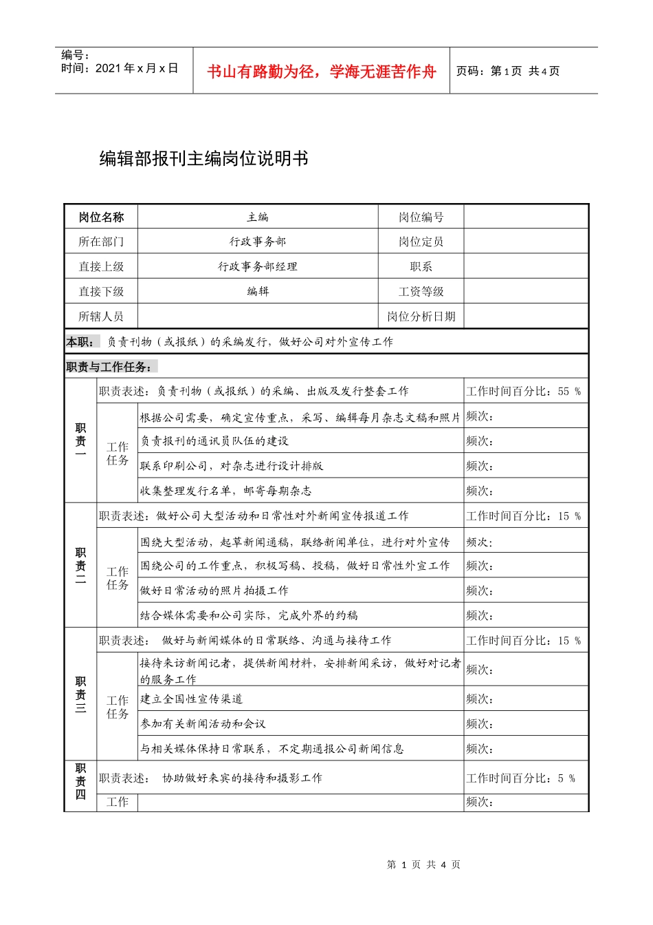 制鞋企业编辑部报刊主编岗位说明书_第1页