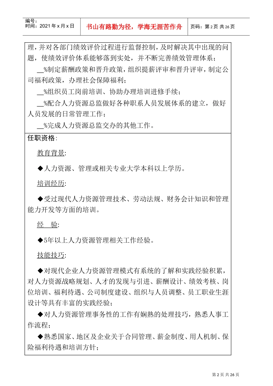 人力资源管理职位说明书_第2页