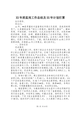 XX年质监局工作总结及XX年计划打算