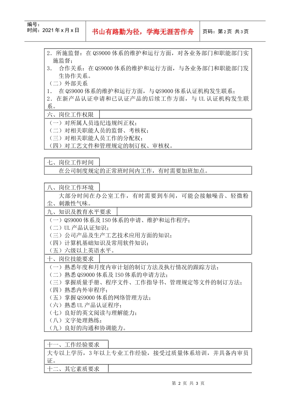 人力资源-2022800hr03职位分析--QM主管工作说明书(doc)_第2页