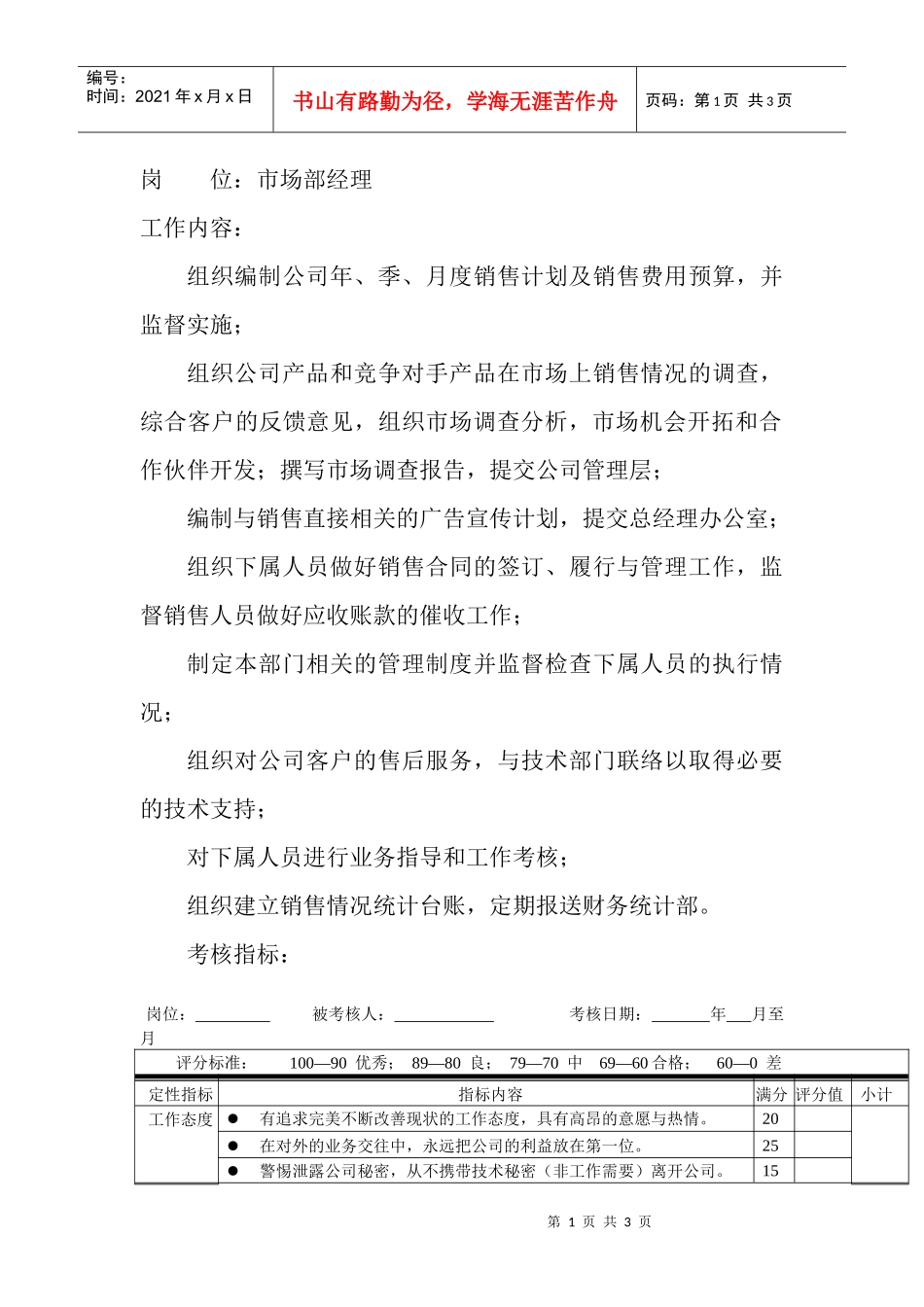岗位工作内容和年度定性考核指-市场部经理_第1页