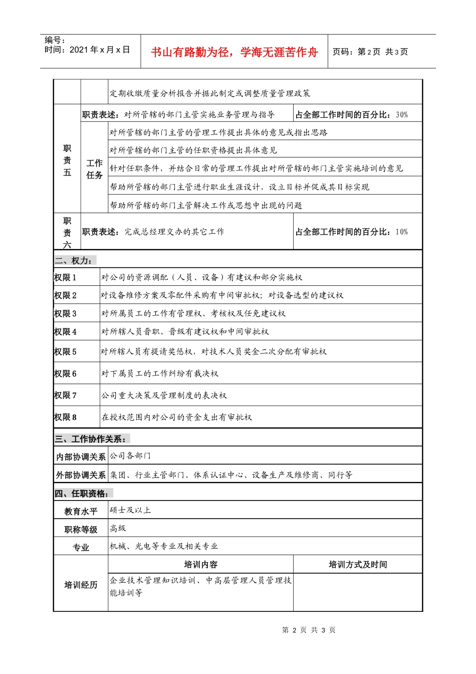 光学仪器企业技术主管副总经理职位说明书_第2页