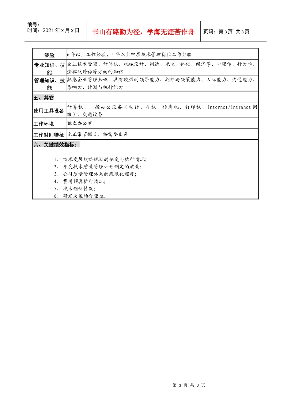 光学仪器企业技术主管副总经理职位说明书_第3页