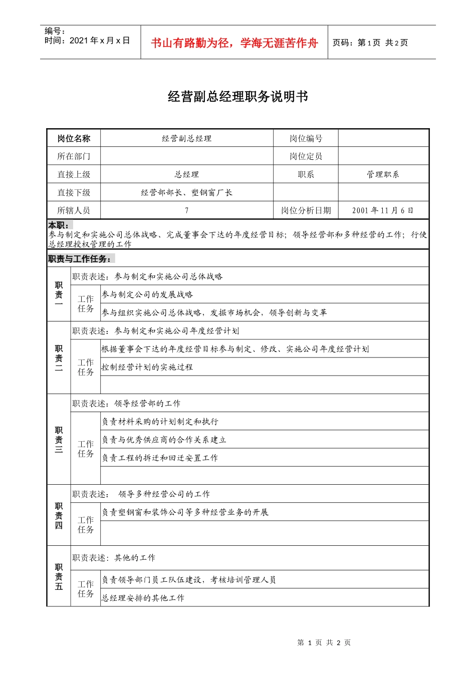 宝地建设集团经营副总经理职务说明书_第1页
