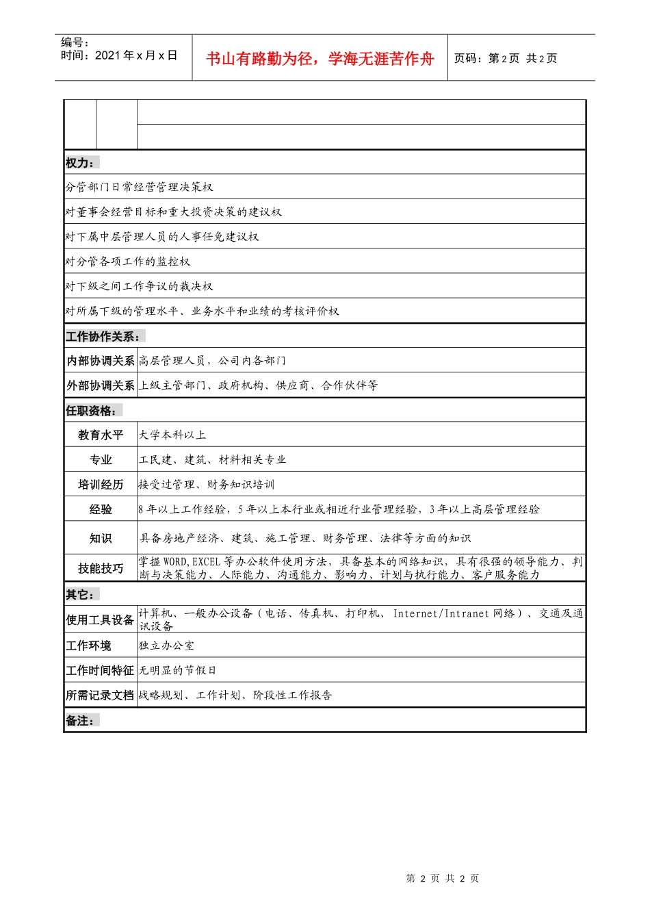 宝地建设集团经营副总经理职务说明书_第2页